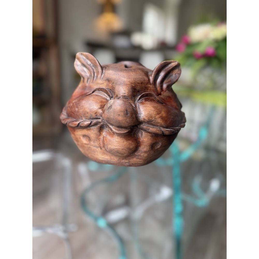 Vintage Hand Carved Wooden Smiling Pig Dimples Piggy Bank Folk Art Solid Wood‎